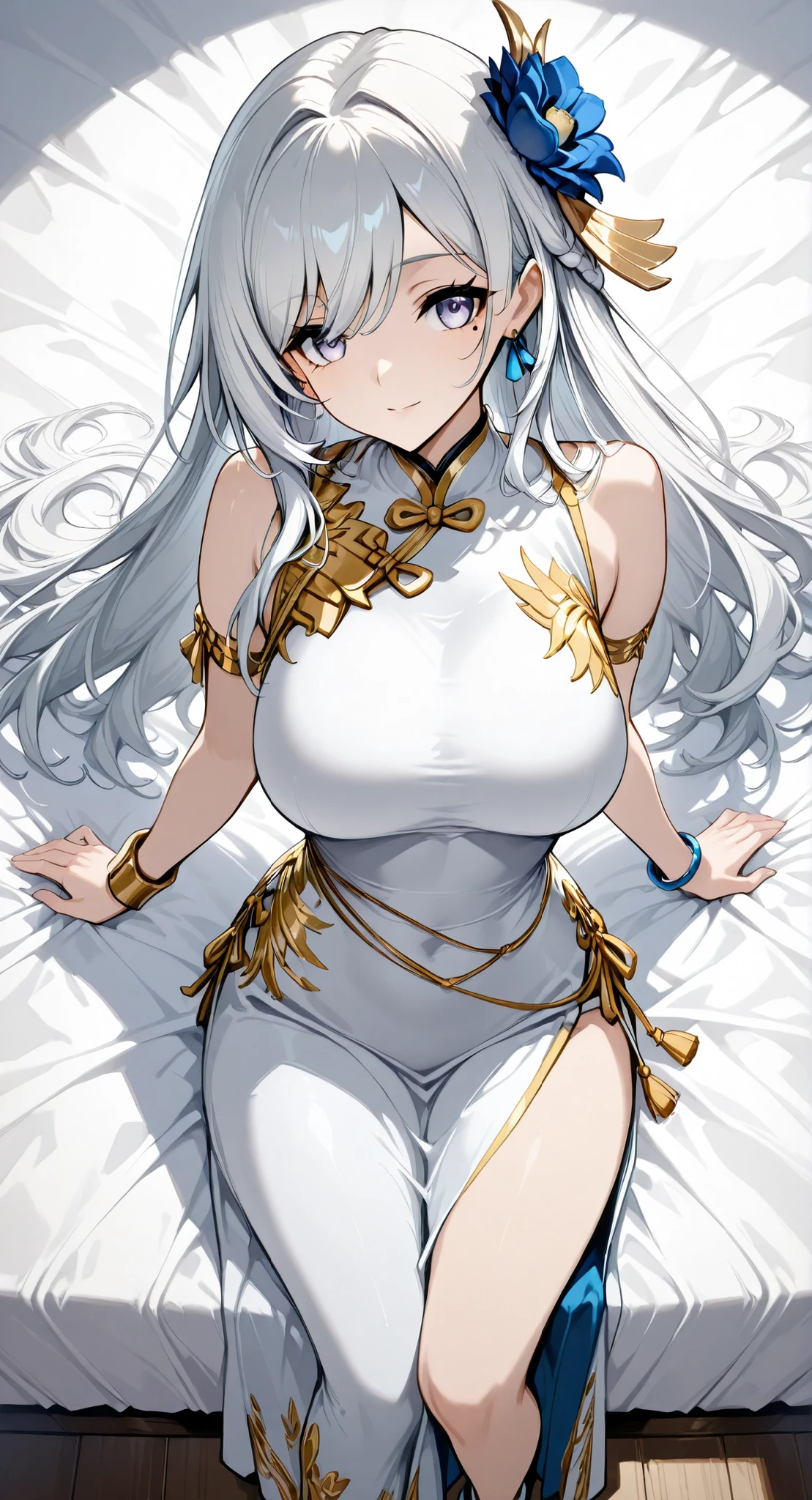 mole under eye、Armlet for left arm、bracelet for right wrist、sleeveless china ,anime girl Picture of a woman with long white hair and a flower in her hair, gray hairの deity, Anime Goddess, gray hairの, gray hairの lady, gray hair, Zodiac Knight Portrait Girl, Haise Jinyao, Genshin characters、Keking, Full Body Senxia , female anime character, Picture of a woman with long white hair, perfect gray hairの girl,large breasts with good shape,thin waist,mole under eye,long gloves,earrings,no background, Very large bed、Lie your whole body on a white sheet、 The hair bundled in the back is a braid, cowboy shot, from above, feet out of frame, first-person view, upside-down, rotated