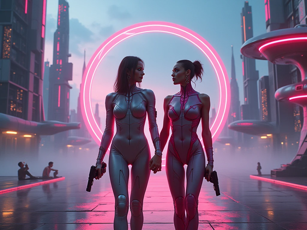 midshot, backview of a stuningly beautiful brunette woman with one high ponytail, hands placed in her lower back, red glossy lips, neon lights, futuristic, full cyborg body, inspired by cyberpunk 2077, highly intricate image, detailed background, bold lights, backlights, volumentric lights, raytracing, dark ambient, 32k resolution, higher quality