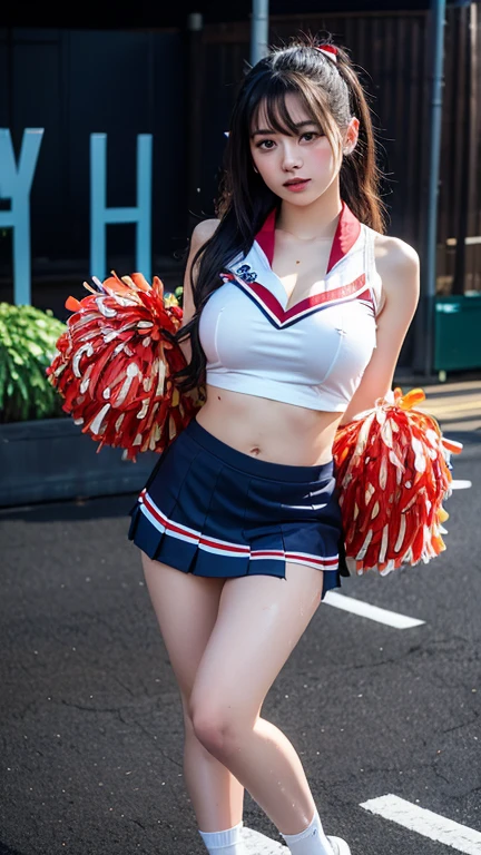 (RAW shooting:1.2),(Photorealsitic:1.4),(masterpiece:1.3),(top-quality:1.4),japanese beautiful woman,beautiful eyes finely detailed,eye lashes,beautiful double eyelid,eyeshadows,Perfect eye makeup solo,cute little,(cute face:1.4),(Smile full of happiness:1.4),(Looks happy:1.3),kindly smile,Expression in a state of excitement,(poneyTail:1.2),Brown short bomb hair,(Angle from below:1.3),(FULL BODYSHOT),More skin,double eyelid,(large full breasts:1.3),beauty breast,(cleavage of the breast),(erectile nipple:1.2),(cheer girl:1.5),(a miniskirt),Beautiful and thin legs,(Perfect body shape beauty:1.3),shinny skin,(Lively poses like cheerleading:1.5),(2 large bonbons:1.3),Jumping,Make eye contact with the camera,stadio,Night,Sexy navel,Skinny Legs,tthin eyebrows,Tear bag,lofty nose,(extemely sexy:1.3),bokeh dof,obscenity,erotick