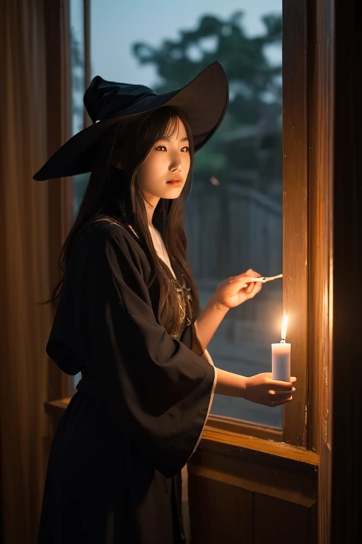 shoot from front,1young girl,15yr,look at a viewer,shorthair with bangs,((wizard clothes with witch hat)),open clothes over naked,light a flame on palm,background is castle,at nighttime