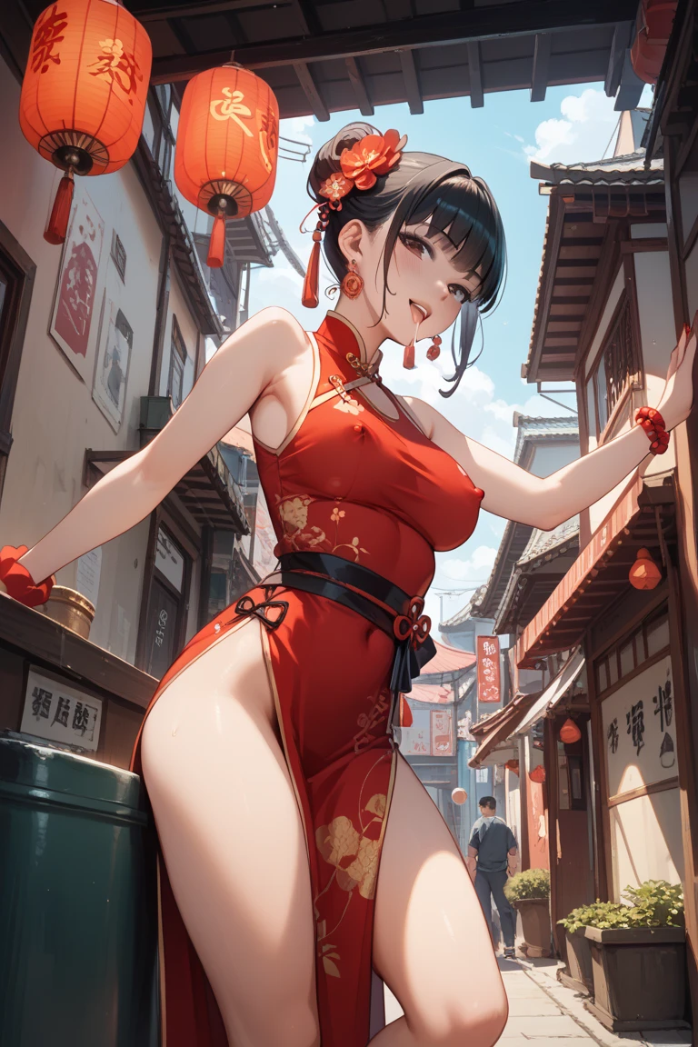 a beautiful woman, City,(Standard red silk cheongsam), (flower buns), (gold embroidery thread), (Such), Outdoor Chinese restaurant, Open your mouth and smile, ((black hair)), Little blush, side, (Chest), Reflex hip,Big breasts