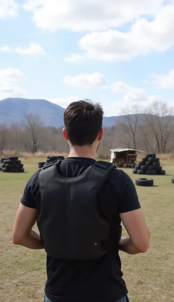 This image captures an individual from behind, wearing protective gear, suggesting participation in an outdoor activity like paintball or airsoft. The setting is a natural, open field with elements commonly found in such game arenas.The person is facing away from the camera, looking towards the distant landscape. Their posture suggests they are either surveying the area, preparing for action, or reflecting.

- Attire: They are wearing a black short-sleeved t-shirt and a black protective vest, which appears somewhat worn or soiled, indicating active use. The vest seems padded for impact protection.

- Hair: The individual has short, dark hair that looks a bit disheveled, consistent with outdoor activity.- Outdoor Environment: The scene is set in an open, grassy field, which appears somewhat dry or muddy in patches, indicating an active outdoor recreational area.

- Game Elements: Scattered across the field are various structures and obstacles typically found in paintball or airsoft fields:

- Stacked Tires: Several stacks of used tires form barricades or cover, providing strategic points for players.

- Wooden Structures: In the mid-ground, there are some crude wooden structures or shacks, likely serving as bunkers or bases.

- Natural Landscape: Beyond the immediate game area, there's a natural landscape with bare trees (suggesting late winter or early spring) and rolling hills or mountains in the distant background, giving a sense of vastness.

- Sky: The sky is light blue with scattered white clouds, indicating fair weather.

- Power Lines: Thin power lines are visible stretching across the upper left portion of the sky, a common sight in rural or semi-rural areas.