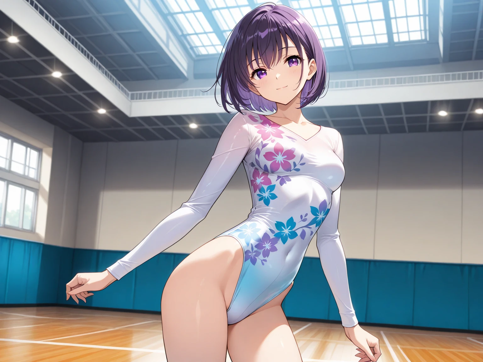 nsfw:1.2,expensivequality illustration, masterpiece, Very delicate and beautiful, Attractive girl,(Gymnastics leotard,Tight leotard,length_Leotard with sleeves,expensive_Leg leotard,athletic leotard),Purple ears,Short here, Audience reaction,thin,Huge Breasts:1.2,expensive school,Gym,Gymnastics Club,((Nipple protrusions:1.4、Long nipples:1.4))、There is a leak in the crotch:1.5、cameltoe、standing split、((Overflowing Sex Fluids:1.2))