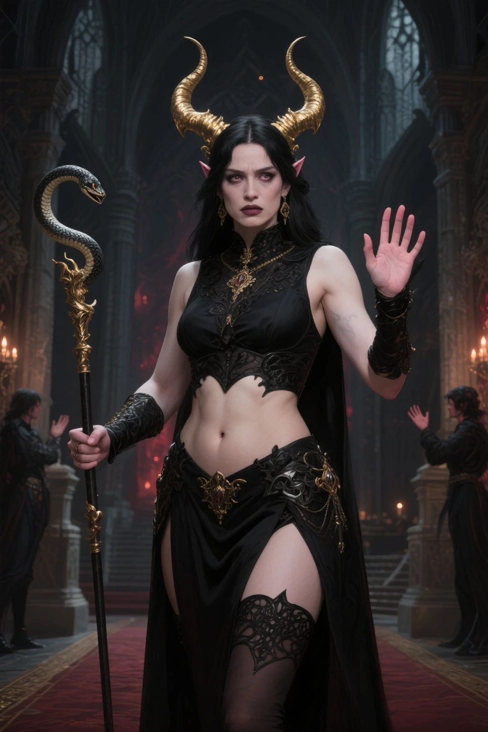 Dungeons and dragons tiefling sorceress with high horns and fully clothed, she’s extremely beautiful and has black hair