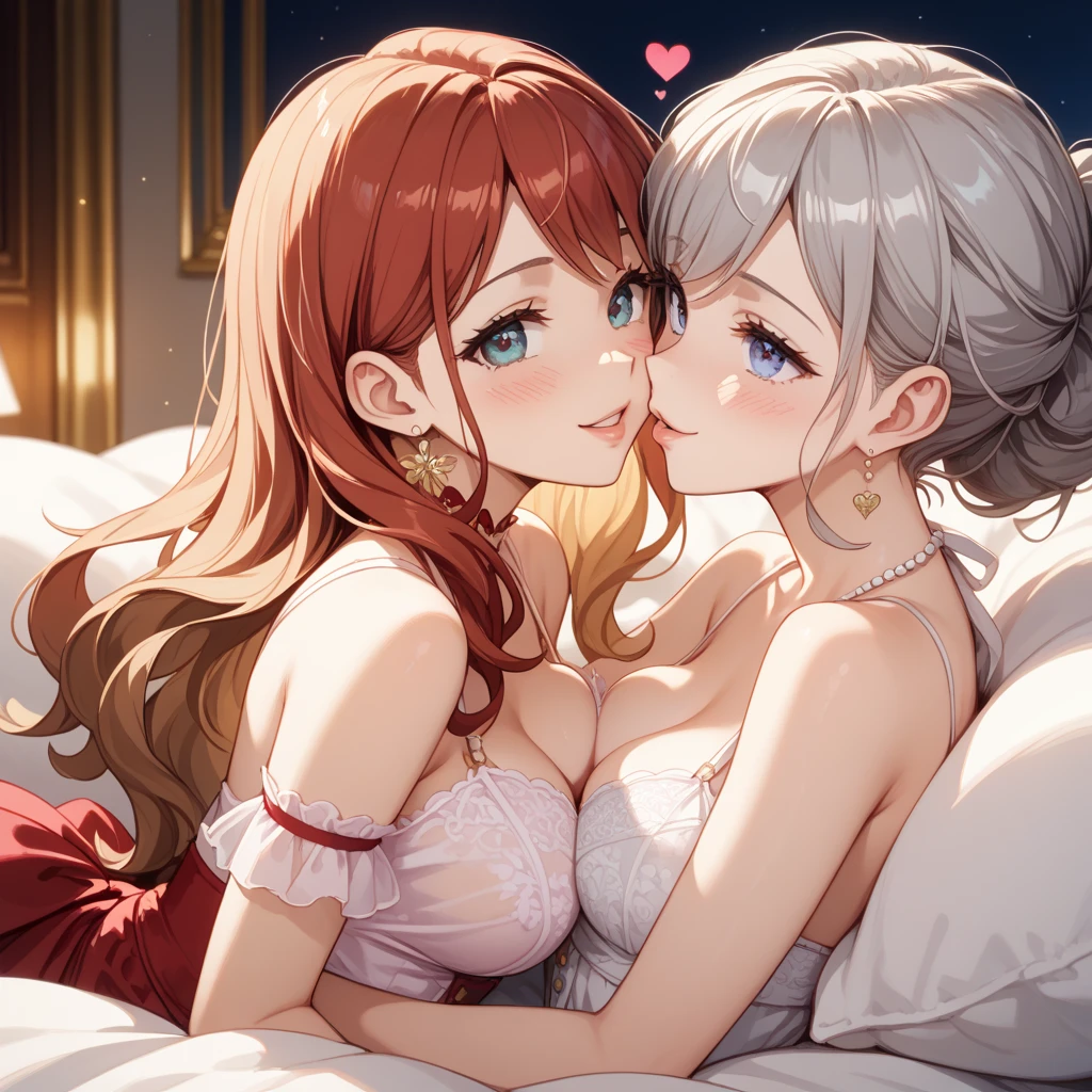 8k,Top image quality,(((NSFW))), (Eye of the Heart, red blush,Embarrassment),((Two girls staring at each other))、Cuddling in bed,negligee,masterpiece、Detailed shading、top-quality,(Love juice splattering),((Female masturbation)),slender,Nipple,
