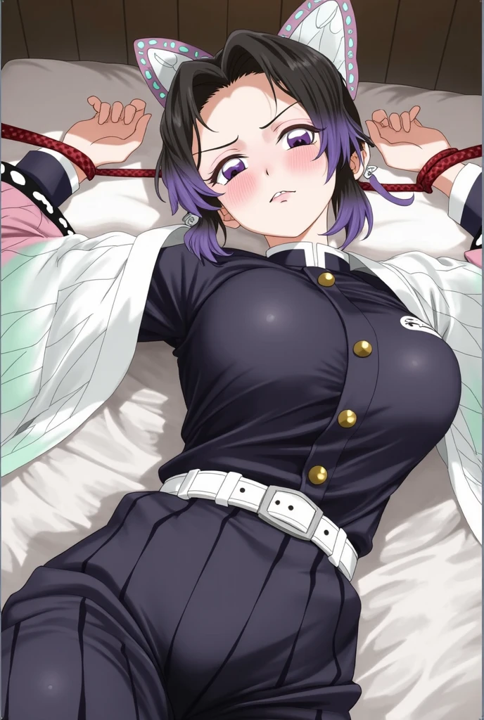 kujousaradef, kujousararnd, love in eyes, double ponytail, bow hairpins, blushing, shyness, drooling, rolling eyes, white bow tie, maid outfit, long sleeves, miniskirt, exposed panties, hands raised above the head, lying on bed, big breasts, leg rings, white liquid, binding, single