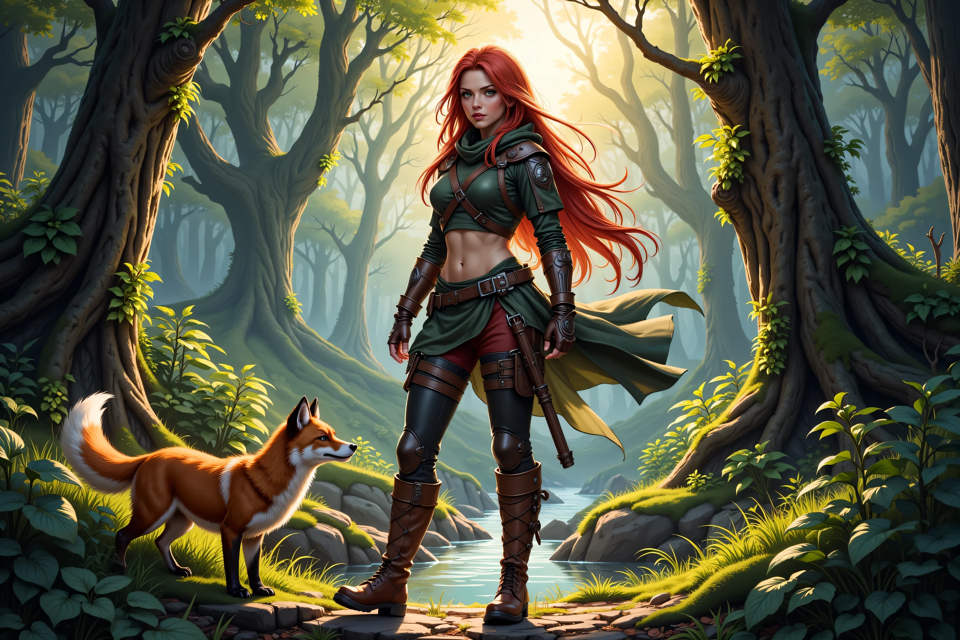 high details, best quality, 8k, [ultra detailed], masterpiece, best quality, (extremely detailed), dynamic angle, ultra wide shot, RAW, photorealistic, fantasy art, dnd art, rpg art, realistic art, a wide angle picture of a female human ranger and her pet fox, warrior of nature, fighter of nature, full body, [[anatomically correct]]. dynamic position (1.5 intricate details, Masterpiece, best quality) talking to a fox (1.6 intricate details, Masterpiece, best quality) in forest (1.5 intricate details, Masterpiece, best quality), a female  wearing leather clothes (1.4 intricate details, Masterpiece, best quality), leather boots, thick hair, long hair, red hair, fair skin intense eyes, forest  background (intense details), a stream flowing in the backgraound (1.4 intricate details, Masterpiece, best quality), dawn light, clouds (1.4 intricate details, Masterpiece, best quality), dynamic angle, (1.4 intricate details, Masterpiece, best quality) 3D rendering, high details, best quality, highres, ultra wide angle