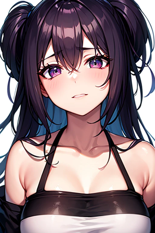 1 milf, purple and slightly black hair, wearing a black tank top, cynical look, angry face, white background, sex scene
