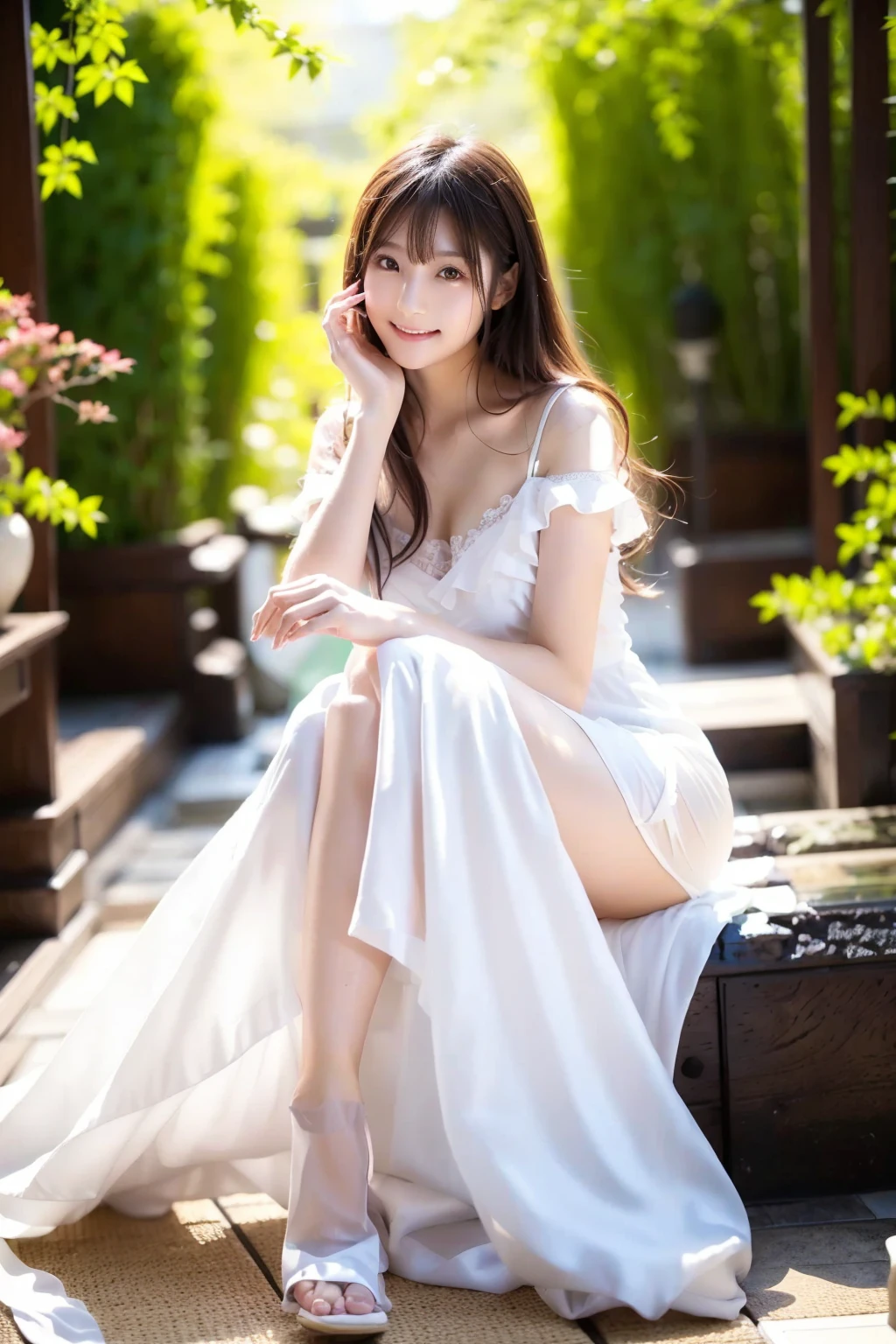 ((masterpiece、highest quality、high resolution))、albino、red eyes、bokeh、perfect hands、1 girl、solo、Animal ears、rabbit、barefoot、get your knees up、dress、sitting、Rabbit ears、short sleeve、look at viewer、Grass、short hair、smile、gray hair、fluffy sleeves、outdoors、Fluffy short sleeve、bangs、On the ground、whole body、animal、Fascinating white dress、sunshine、brown eyes、Dappled Daylight、Day、Depth of the bounds written、Overflowing chest
