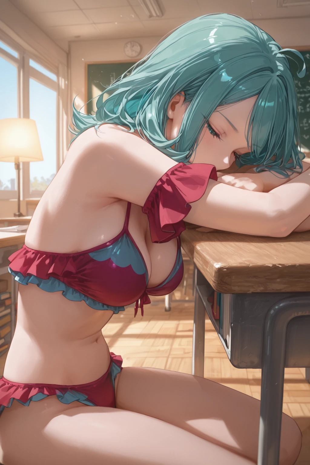 Giantess, long sexy legs, yellow hair, bikini, lying on the ground, city at her feet burns in flames for the destruction she has caused, tiny people climb on her body to try to defeat her uselessly. Giantess, goddess, macrophilia, curvaceous body, hentai, fetish, sexy legs, bikini, high heels, high quality, tiny people, people climbing body, giantess body, small people