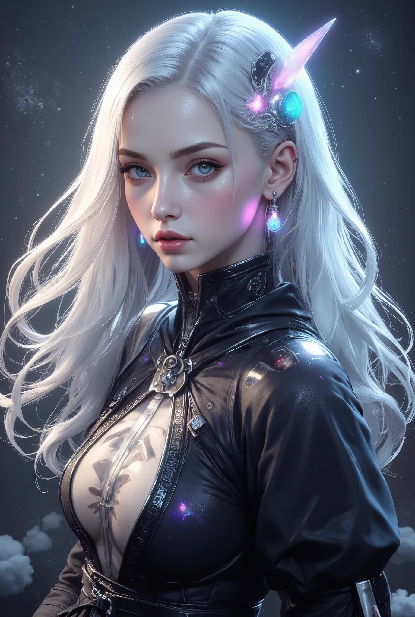 (A gorgeous 23-year-old Italian woman,cleavage,curvy body,ancient dark magic priestess,gothic,horror movie,spooky scene,hyperrealistic,photorealistic,best quality,8k,ultra-detailed,vivid colors,dramatic lighting,chiaroscuro,moody,cinematic)ethereal. ((Glowing energy in her hands))Lightning. Power. Luminescent glowing ancient tattoos all over her dark skin.
