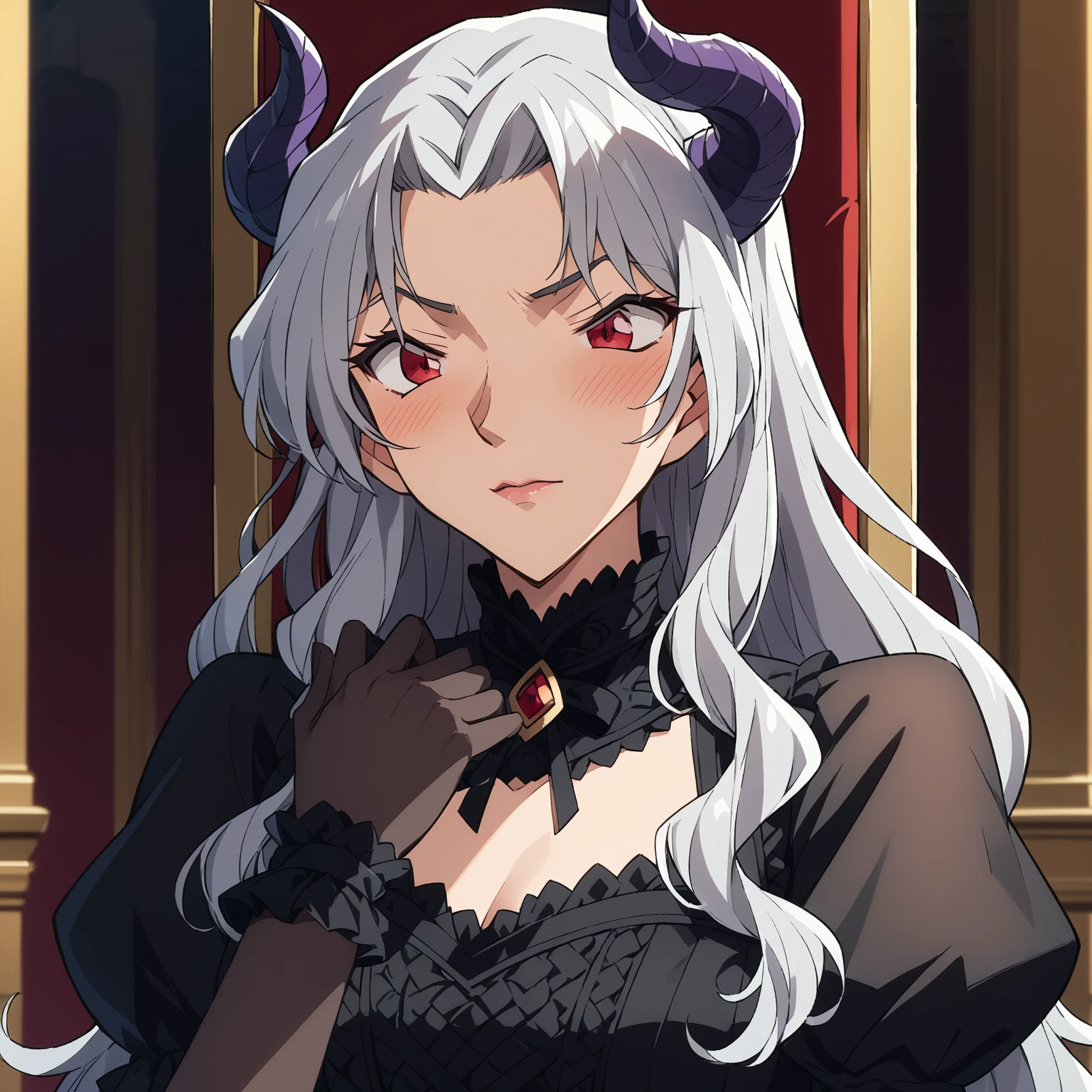 {{dutch angle, upper body}} {{Artist: sincos}} 1girl, solo, mature female, demon girl, white hair, long hair, black demon horns, orange eyes, glowing eyes, straight hair, lips, grey skin, dark skin, large breasts, purple robe, black royal dress, half-closed eyes, seductive smile, looking at viewer, night, medieval fantasy.
