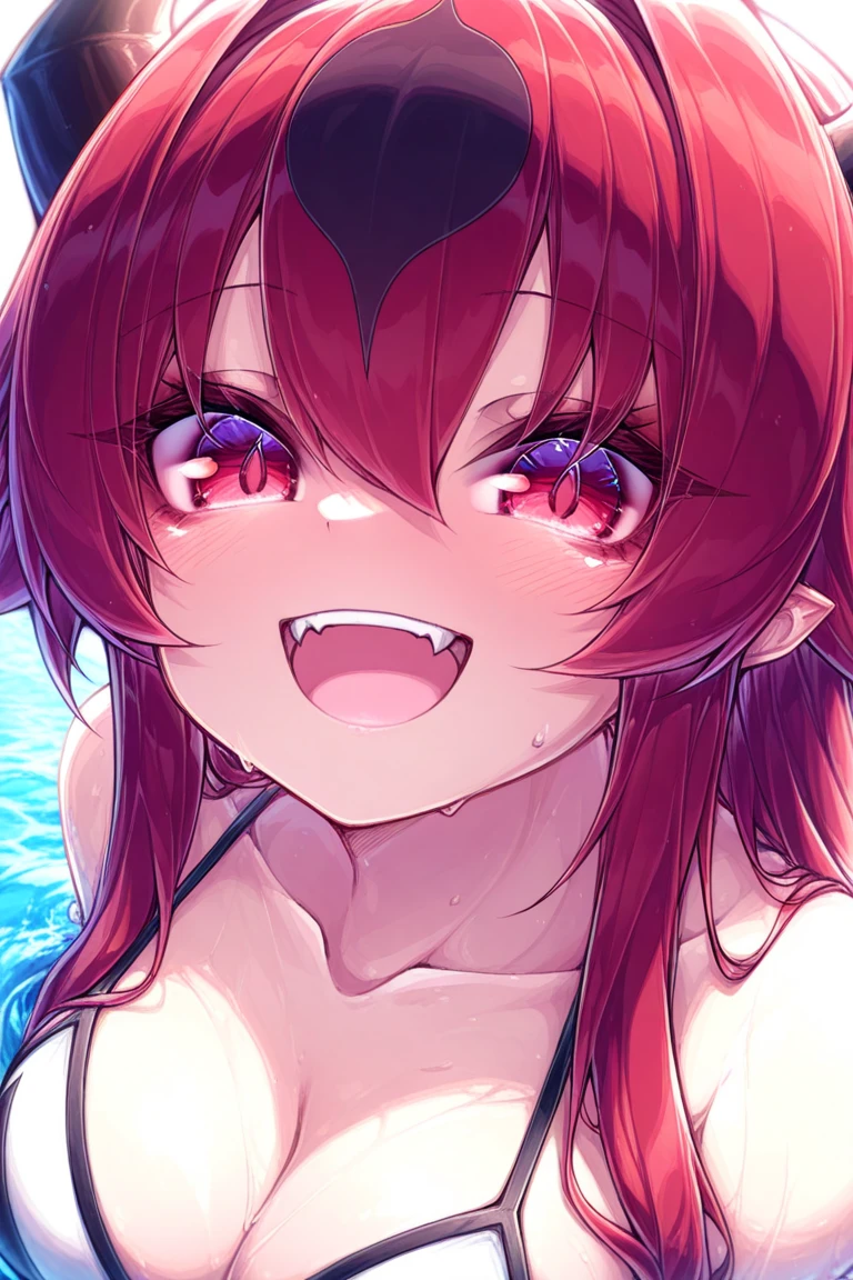 purple skinned girl, purple skin colour, at beach, demon horns, devilish smile, brown hair, red micro bikini, girlfriend, tounge out, glowing red eyes, red nails, (middle finger, fuck you:1.2)
