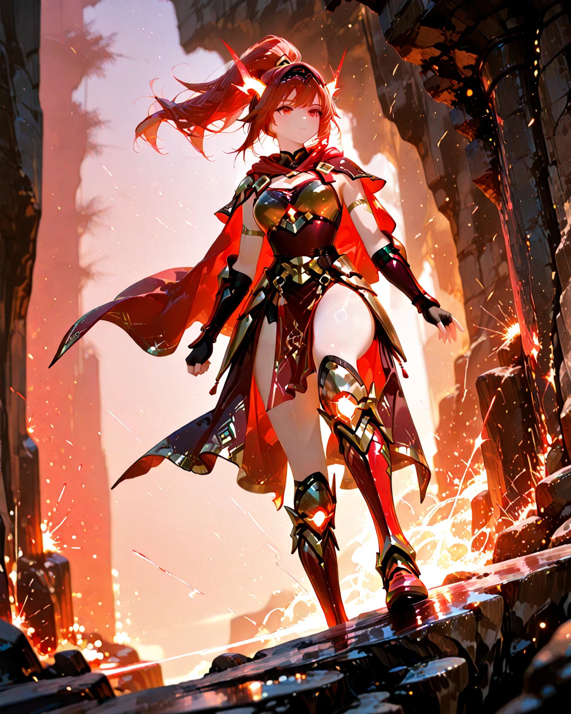 score_9, score_8_up, score_7_up, score_6_up, score_5_up, score_4_up, uncensored, iris midgar, red hair, long hair, braid, red eyes, BREAK (masterpiece:1.2), best quality, high resolution, (detailed eyes:1.3), perfect lighting, (perfect hands, perfect anatomy), HD, 1girl, weapon, sword, breasts,, solo, thighhighs, holding weapon, gloves, asymmetrical legwear, high heels, mismatched legwear, holding, holding sword, hand on own hip, aura, looking at viewer, full body, armor, dress, cleavage, standing, black gloves, black thighhighs, glowing weapon, closed mouth, glowing sword, shrug \(clothing\), tassel, japanese armor, blue fire, kusazuri, japanese clothes, black footwear, white thighhighs, electricity