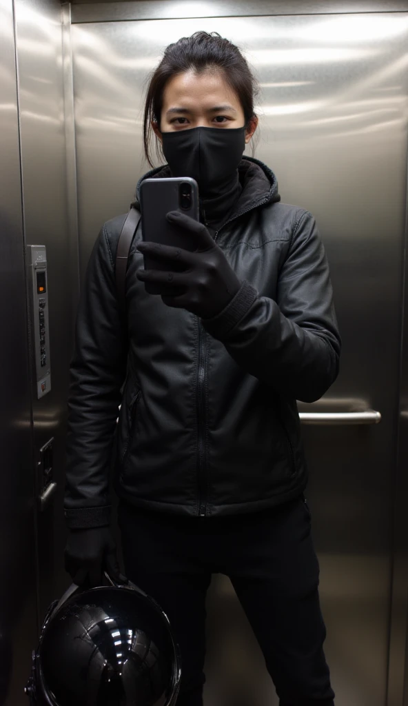 The image shows an individual taking a mirror selfie inside an elevator, dressed in dark, functional attire, suggesting preparedness for outdoor activities or travel. The overall aesthetic is sleek and somewhat mysterious due to the obscured face.The person is holding a smartphone up to take a mirror selfie, obscuring most of their face, with only their eyes and forehead visible above a mask or neck gaiter.

- Attire: They are dressed predominantly in black clothing, which appears to be designed for warmth and utility:

- Outerwear: A black, slightly glossy or water-resistant jacket with a high collar, possibly a lightweight puffer or windbreaker.

- Face Covering: A black mask or neck gaiter covers the lower half of their face.

- Gloves: Black gloves are worn on both hands, contributing to the utilitarian aesthetic.

- Bottoms: Black pants, likely track pants or tactical trousers, with subtle texture or design elements.- Smartphone: A dark-colored smartphone, possibly an iPhone given the visible camera bump, is held up for the selfie.

- Bag/Helmet: The person is carrying a black, shiny object that strongly resembles a motorcycle helmet or a duffel bag made of a similar glossy material, slung over their shoulder or held by their side. Its reflective surface adds to the visual interest.

- Hair: Dark hair is visible above the face covering, appearing slightly styled or wind-swept.- Elevator: The setting is clearly an elevator, indicated by the polished metallic walls (likely brushed stainless steel) and the presence of an elevator control panel with buttons on the left side.

- Lighting: The lighting inside the elevator is even and somewhat soft, reflecting off the metallic surfaces.