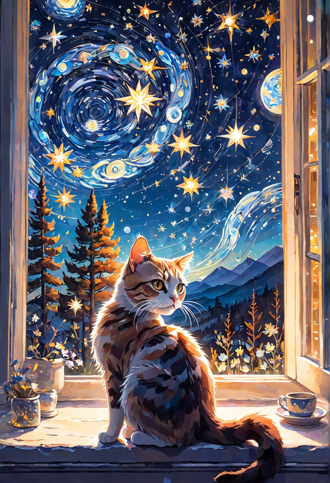 cat with fur, The charm of a starry sky dotted with countless shining stars, constellation, Milky Way, window art , Glass Painting , transparent design, colorful pattern, Light-Filled Displays , Creative Installation, Temporary Work