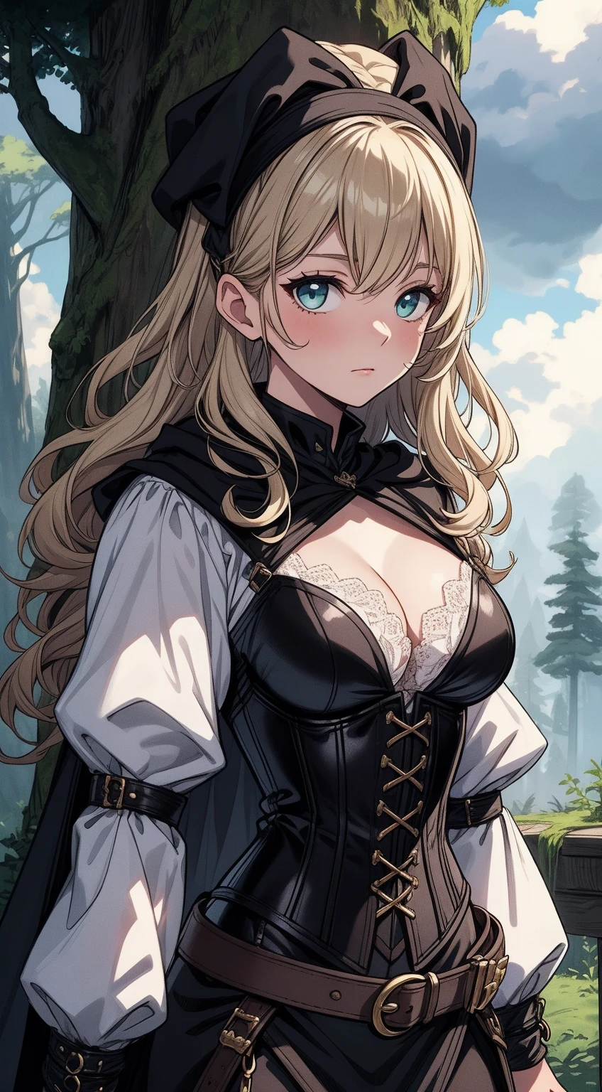 SFW (masterpiece, best quality, 32k) anime woman with medium blonde hair ((pale blonde hair, bangs, diagonal bangs, straight bangs, straight hair)), ((pink-violet eyes, pink eyes, violet eyes, detailed eyes)), ((youthful face, beautiful face, cute face, innocent face, pretty face, naive face)), ((pale skin, porcelain skin, white skin, smooth skin)), ((eyeliner, eyeshadow, lipstick, light makeup)), outside, outdoors, forest, glade, trees, grass, sky, clouds, shadow, simple background, standing, confident pose, at-ease. ((Fantasy outfit, medieval outfit, medieval fantasy outfit, blouse, long sleeved blouse, ruffled blouse, cleavage, scoop neck, harness, chest harness, framed breasts, high-waisted pants, tight pants, belt, pouches, thigh pouch, thigh strap)), ((huge breasts, round breasts:2, heavy breasts:1.5, framed breasts)), ((slim:1.4, lithe:1.4, slender:1.4, thin:1.4, busty:1.2, buxom:1.2)), ((round hips, thin waist, waspish waist)), ((long legs, slender legs)), small smile ((full lips, red lips)), ((serene expression, calm expression, content expression)), open eyes, large eyes, expressive eyes, head-to-waist portrait, cinematics, color oil painting, cinematic lighting, ((extremely detailed face)), ((finely detailed face)), Extremely detailed eyes, finely detailed eyes, beautiful face, beautiful eyes, perfect lighting, depth of field, (realistic proportions), (good anatomy), ((solo:1.6)), ((1girl:1.6))