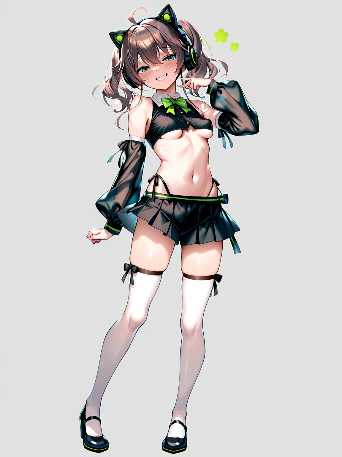 tanaka mamimi, <lora:tanaka mamimi:1>1girl, bangs, bare_shoulders, blush, bra, breasts, cleavage, collarbone, cowboy_shot, diagonal_bangs, green_bikini, jacket, leaning_forward, looking_at_viewer, medium_breasts, navel, off_shoulder, open_mouth, purple_eyes, short_twintails, shorts, simple_background, solo, twintails, underwear, white_background