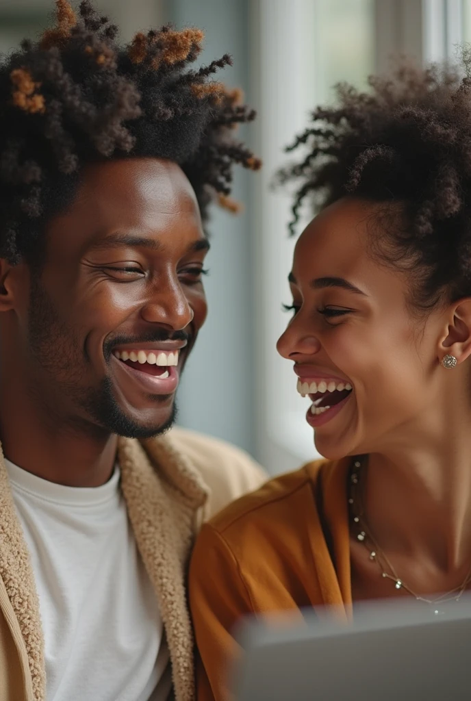 A brown woman with long black curly hair, black eyes, wearing a yellow dress. And a white man with a wide chin, drumstick nose, curly brown hair. He wears a black sweater. They make faces for a selfie together