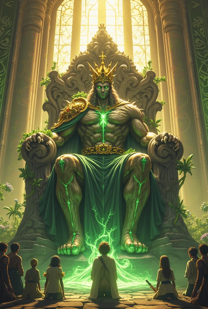 Draw a giant timer with 03 on it:00 hours, with a person below looking and bowing and in front of the giant timer a throne with a very powerful green being with a crown with eyes releasing fire, a lot of red fire as realistic as possible!