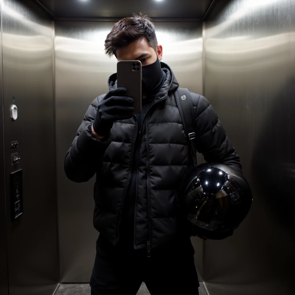The image shows an individual taking a mirror selfie inside an elevator, dressed in dark, functional attire, suggesting preparedness for outdoor activities or travel. The overall aesthetic is sleek and somewhat mysterious due to the obscured face.The person is holding a smartphone up to take a mirror selfie, obscuring most of their face, with only their eyes and forehead visible above a mask or neck gaiter.

- Attire: They are dressed predominantly in black clothing, which appears to be designed for warmth and utility:

- Outerwear: A black, slightly glossy or water-resistant jacket with a high collar, possibly a lightweight puffer or windbreaker.

- Face Covering: A black mask or neck gaiter covers the lower half of their face.

- Gloves: Black gloves are worn on both hands, contributing to the utilitarian aesthetic.

- Bottoms: Black pants, likely track pants or tactical trousers, with subtle texture or design elements.- Smartphone: A dark-colored smartphone, possibly an iPhone given the visible camera bump, is held up for the selfie.

- Bag/Helmet: The person is carrying a black, shiny object that strongly resembles a motorcycle helmet or a duffel bag made of a similar glossy material, slung over their shoulder or held by their side. Its reflective surface adds to the visual interest.

- Hair: Dark hair is visible above the face covering, appearing slightly styled or wind-swept.- Elevator: The setting is clearly an elevator, indicated by the polished metallic walls (likely brushed stainless steel) and the presence of an elevator control panel with buttons on the left side.

- Lighting: The lighting inside the elevator is even and somewhat soft, reflecting off the metallic surfaces, HANDSOME MAN 