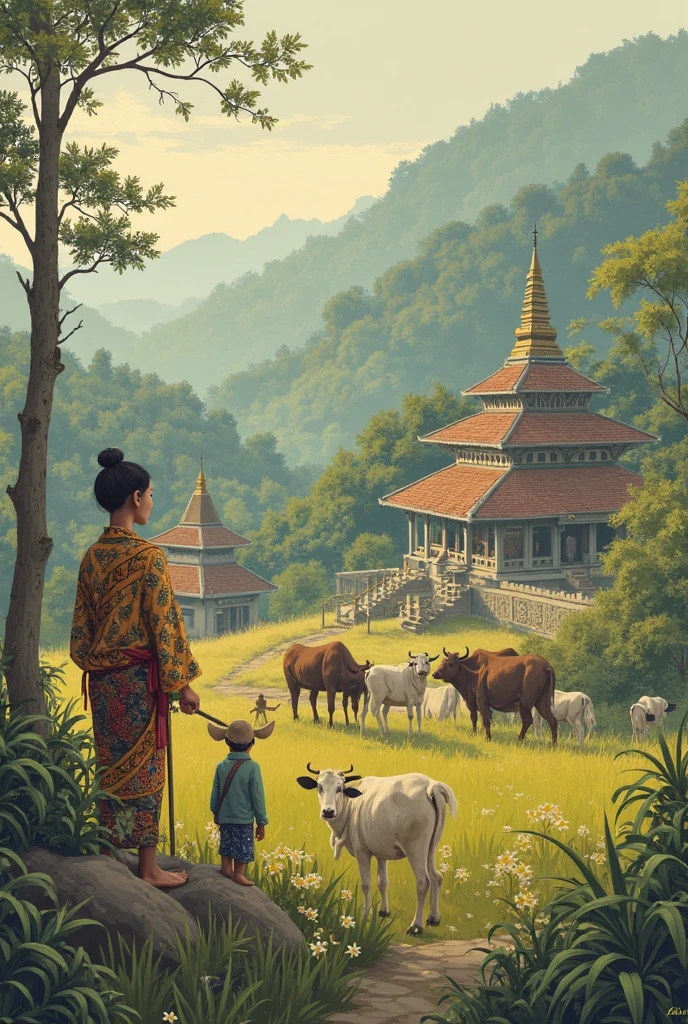  The fields near the pagoda have cows grazing, children playing in the water in cambodia 