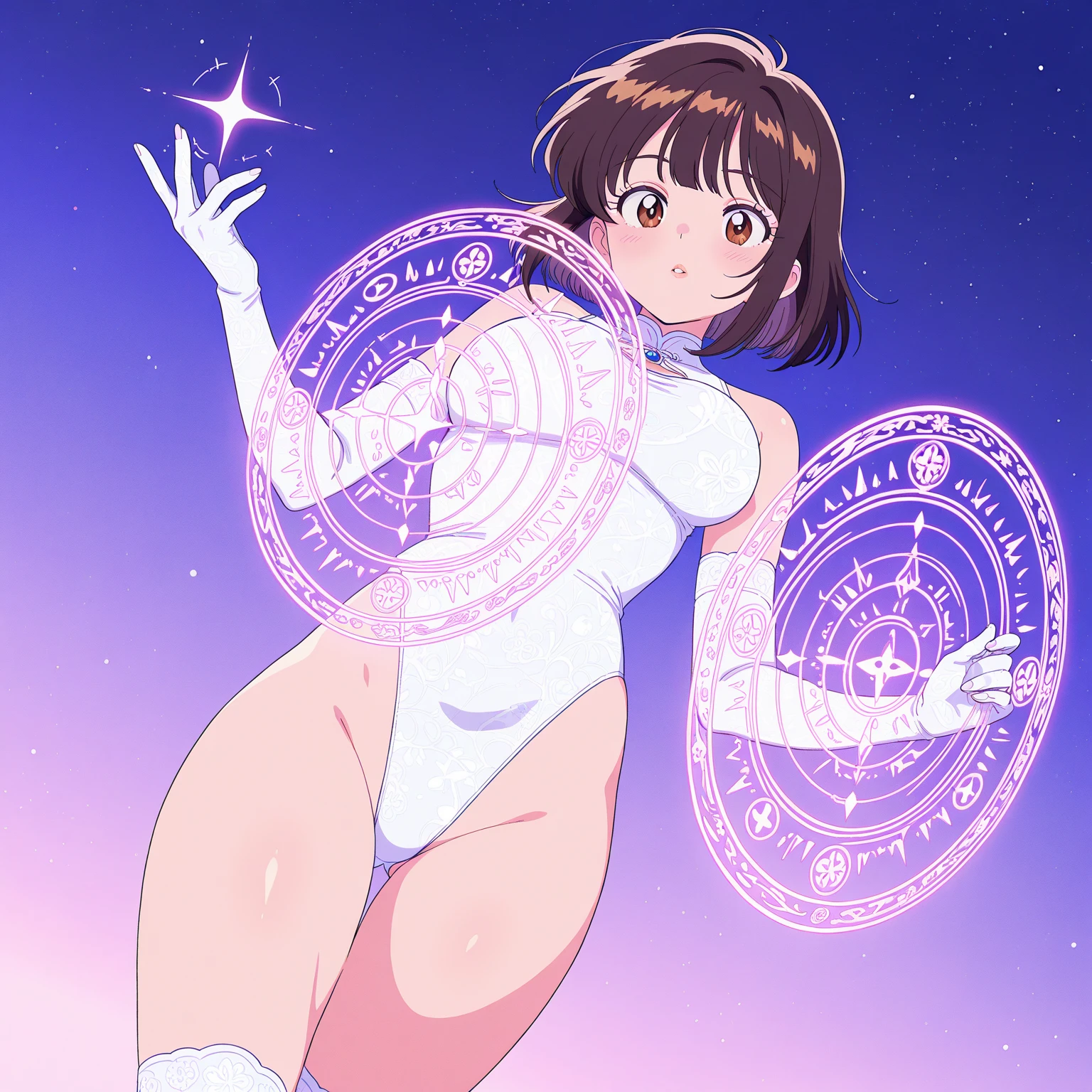 hiquality、16 K、NSFW、((huge chest head)),fatness、((((Surprised))))、V-shaped eyebrows、((thick thight))、(Big brown eyes),(:o)、Short hair, ((Forehead))、(Brown hair),(Sweat)、(nipples are protruding)、((Light blue and white leotard))、Golden decoration、(white glove、white knee socks crystal decoration、Electronic space、dynamic ungle、