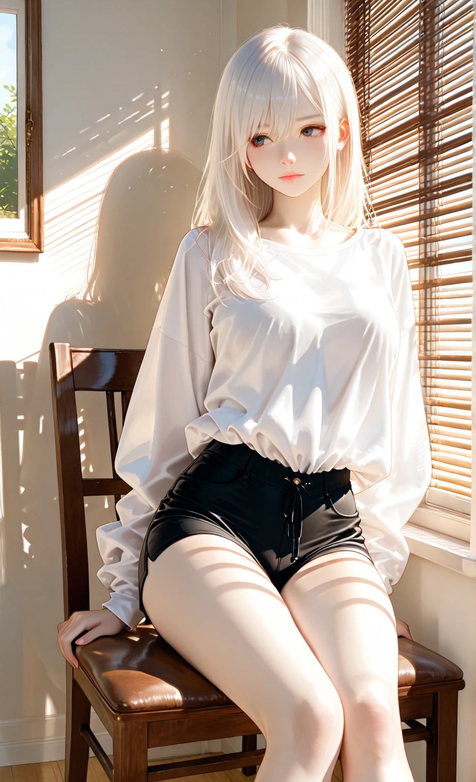 photorealistic, high resolution, 1 girl, white hair, blue eyes, loose white shirt, tight black shorts, thick thighs