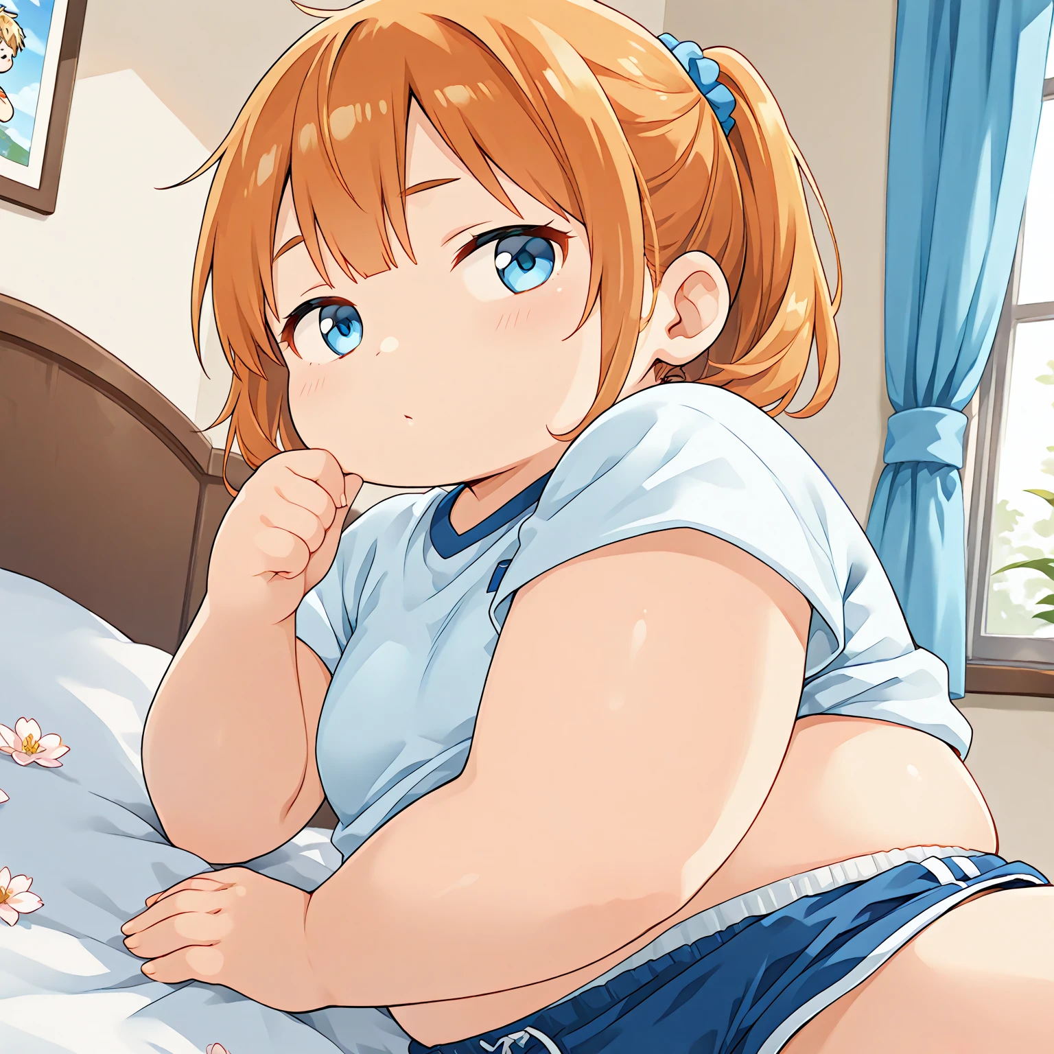 white sports braと白のオムツを着てる女の子, thick, big booty, curvy highlighted booty, pose in the bedroom, thick thighs, Chubby-chan, butt, bend your body, light brown hair,blue eyes,Armpit close up,short hair,wide pelvis,vapor,Sweat,white sports bra,thick waist,small breasts,blushed,troubled expression,bend your bodyてポーズをとる,muscular body!!!!,steam,sweaty,Raise your arms to show your sides,Bend your knees slightly and spread your legs,half-backed posture!!,Wearing a white diaper