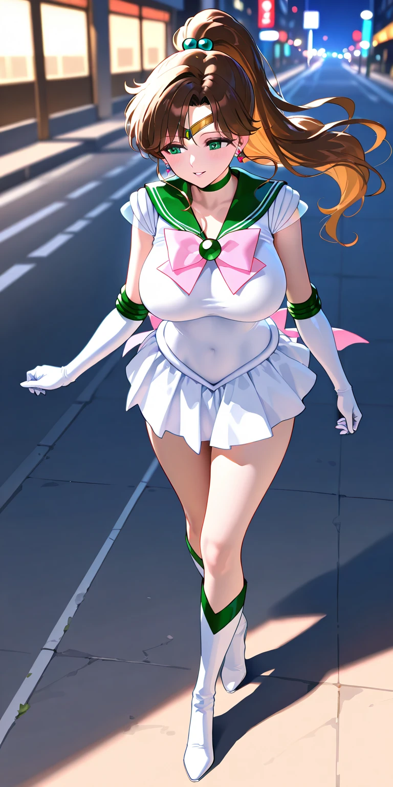 Highest quality, High resolution,((Sailor Jupiter)), One Girl, single, alone, Beauty, bangs, Brown Hair,Long ponytail)), ((Brown eyes, Beautiful eyelashes, )), (( Super anime CG style)), Big Breasts, Dynamic Angle, Perfect body, ((とても恥ずかしいパニックsmile、Look back and see this,Sticking out her butt,(I can see the whole butt)、（White lace sheer panties)、tall、No sleeve,The ruins in the background are very beautiful,Big eyes,(High definition and very beautiful eyes).smile,Deep green ultra-mini skirt,Looking up at the butt,

