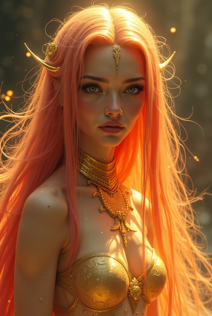 A 24K 3D HD hyper-realistic image of a Latin sexy fairy with neon pink hair adorned with petals and glistening pollen. She is wearing an elegant turquoise and gold outfit with intricate details. Bling,bling,STARDUST, The fairy has mesmerizing eyes that sparkle like morning dew. She is standing in a dark fantasy setting with rich colors and textures. The image has a cinematic vibe with vibrant colors and intricate details.