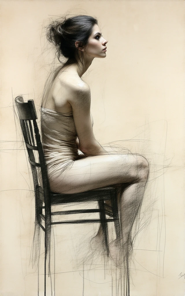 painting of a beautiful short hair skinny fashion model nude sitting seen from behind legs open in a studio photo