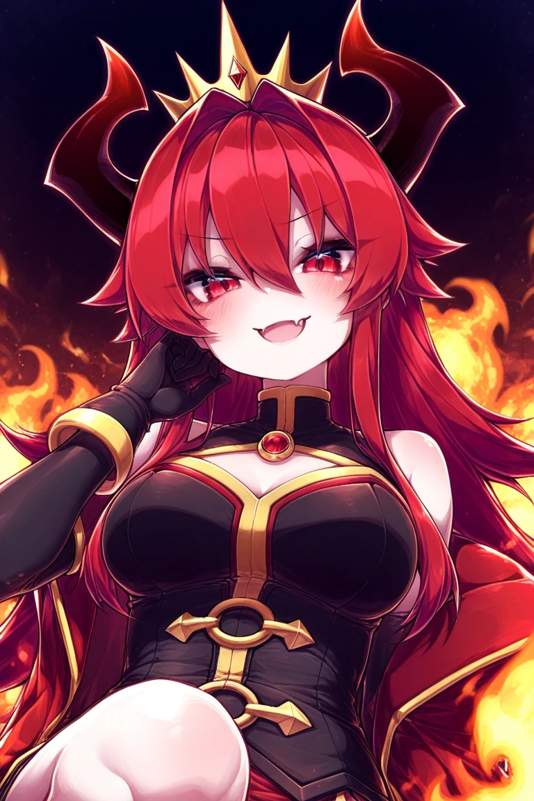 Devil Beautiful Girl。twisted horns on the head。fullbody image。The appearance of the boy。Bright pigmented hair。eyes glowing red。Ruthless smile。Two-handed chain。Reveal clothing。Tattoos like letters on the body。A black hole in the sky。