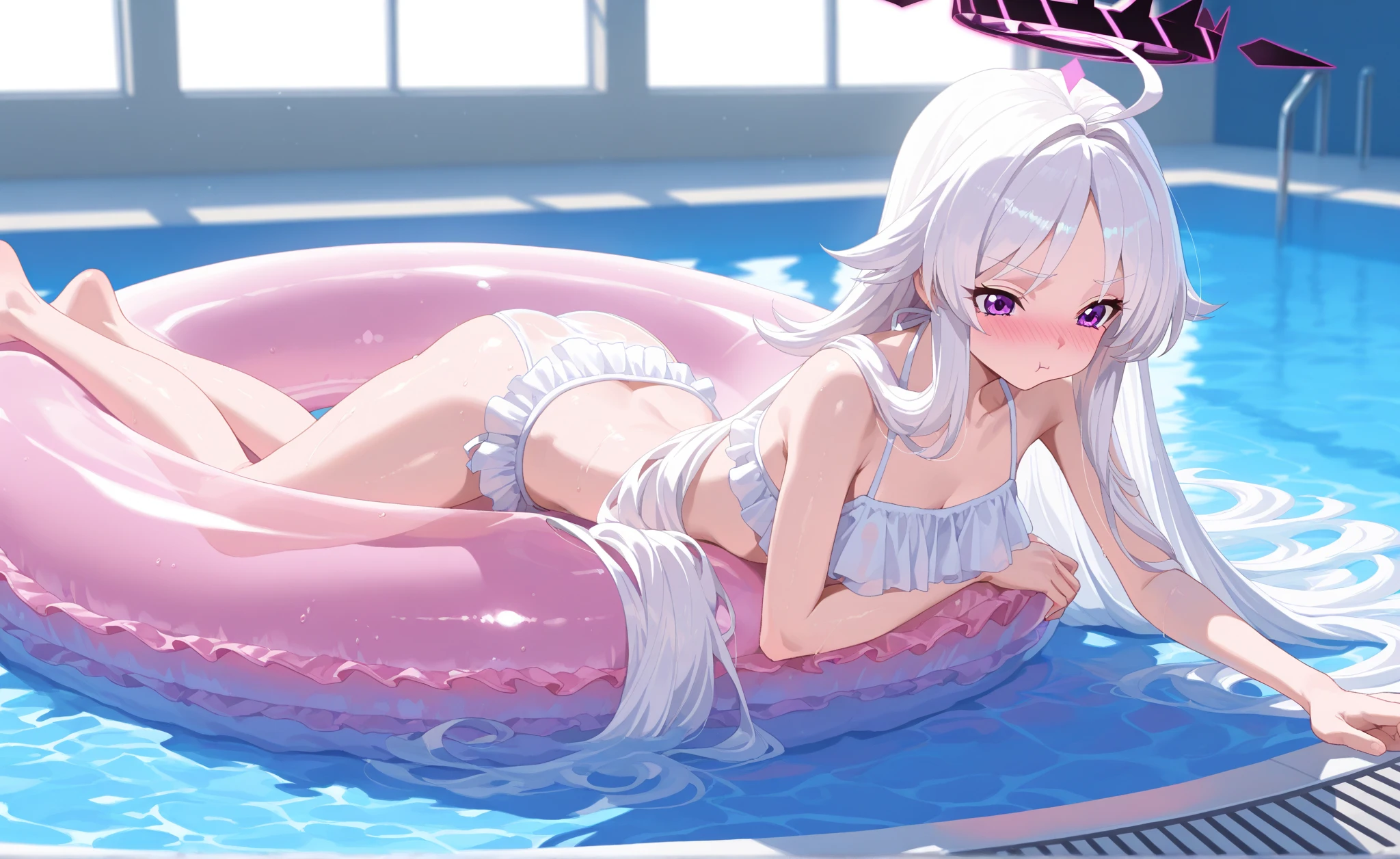 score_9, score_8_up, score_7_up, 1girl, solo,  elaina, majo no tabitabi, white hair, long hair,  ahoge, blue eyes,  looking at viewer,  pink bikini, blush, smile, bare arms, blush, knees up, innertube, on innertube, ocean, water, day