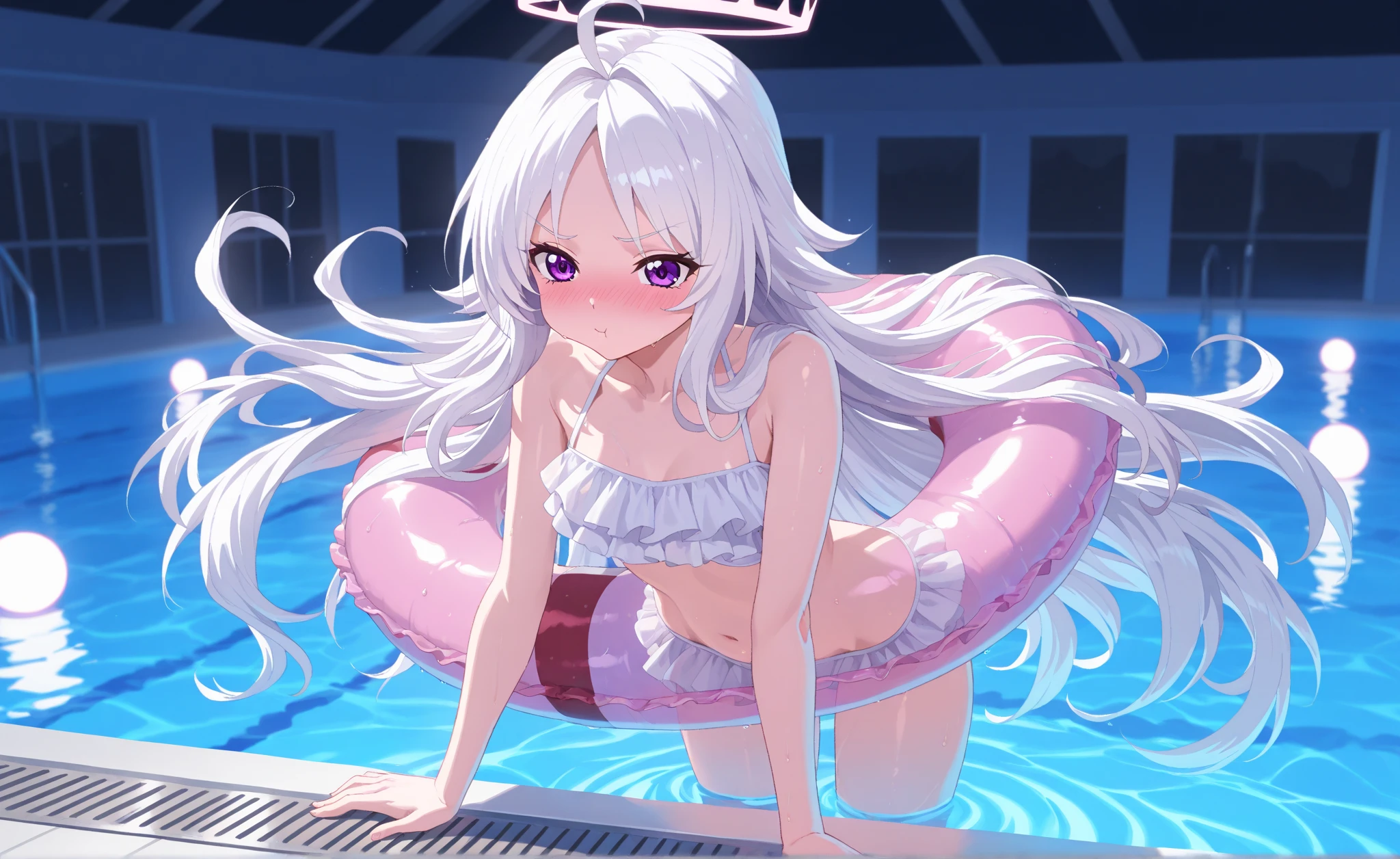 score_9, score_8_up, score_7_up, 1girl, solo,  elaina, majo no tabitabi, white hair, long hair,  ahoge, blue eyes,  looking at viewer,  pink bikini, blush, smile, bare arms, blush, knees up, innertube, on innertube, ocean, water, day