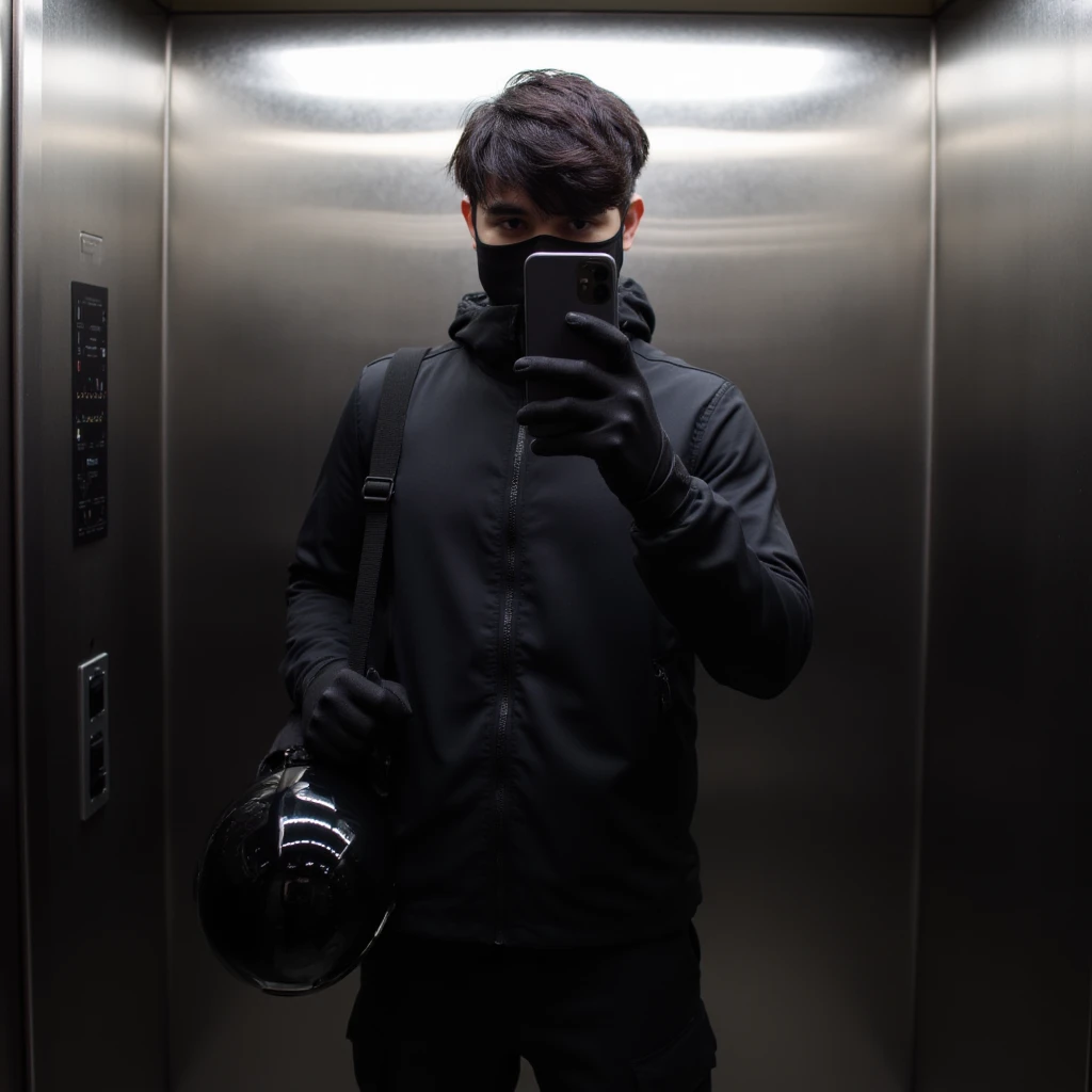 The image shows an individual taking a mirror selfie inside an elevator, dressed in dark, functional attire, suggesting preparedness for outdoor activities or travel. The overall aesthetic is sleek and somewhat mysterious due to the obscured face.The person is holding a smartphone up to take a mirror selfie, obscuring most of their face, with only their eyes and forehead visible above a mask or neck gaiter.

- Attire: They are dressed predominantly in black clothing, which appears to be designed for warmth and utility:

- Outerwear: A black, slightly glossy or water-resistant jacket with a high collar, possibly a lightweight puffer or windbreaker.

- Face Covering: A black mask or neck gaiter covers the lower half of their face.

- Gloves: Black gloves are worn on both hands, contributing to the utilitarian aesthetic.

- Bottoms: Black pants, likely track pants or tactical trousers, with subtle texture or design elements.- Smartphone: A dark-colored smartphone, possibly an iPhone given the visible camera bump, is held up for the selfie.

- Bag/Helmet: The person is carrying a black, shiny object that strongly resembles a motorcycle helmet or a duffel bag made of a similar glossy material, slung over their shoulder or held by their side. Its reflective surface adds to the visual interest.

- Hair: Dark hair is visible above the face covering, appearing slightly styled or wind-swept.- Elevator: The setting is clearly an elevator, indicated by the polished metallic walls (likely brushed stainless steel) and the presence of an elevator control panel with buttons on the left side.

- Lighting: The lighting inside the elevator is even and somewhat soft, reflecting off the metallic surfaces,HANDSOME MAN, CURTAIN MULLET HAIRSTYLE 