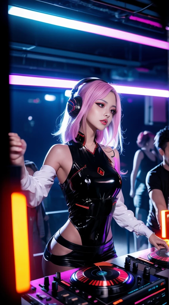 arafed woman in a black top and pink hair standing next to a DJ's mixer, rave girl, raver girl, 1 girl, DJ rave, unreal engine, rave makeup, in cyberpunk style, has cyberpunk style, rave inspired, cyber punk setting, cyberpunk vibes, cyberpunk vibe, beautiful cyberpunk woman model, cyberpunk style color, woman holds her headphones down with one hand.