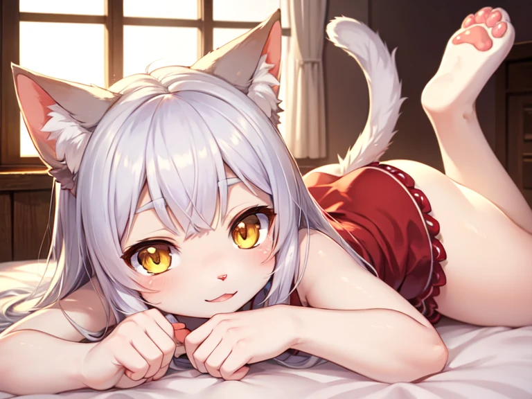 neferpitou, neferpitou, short hair, (red eyes:1.5), long sleeves, animal ears, white hair, shorts, cat ears, cat tail, curly hair, BREAK looking at viewer, BREAK outside, BREAK (masterpiece:1.2), best quality, high resolution, unity 8k wallpaper, (illustration:0.8), (beautiful detailed eyes:1.6), extremely detailed face, perfect lighting, extremely detailed CG, (perfect hands, perfect anatomy), sexy post