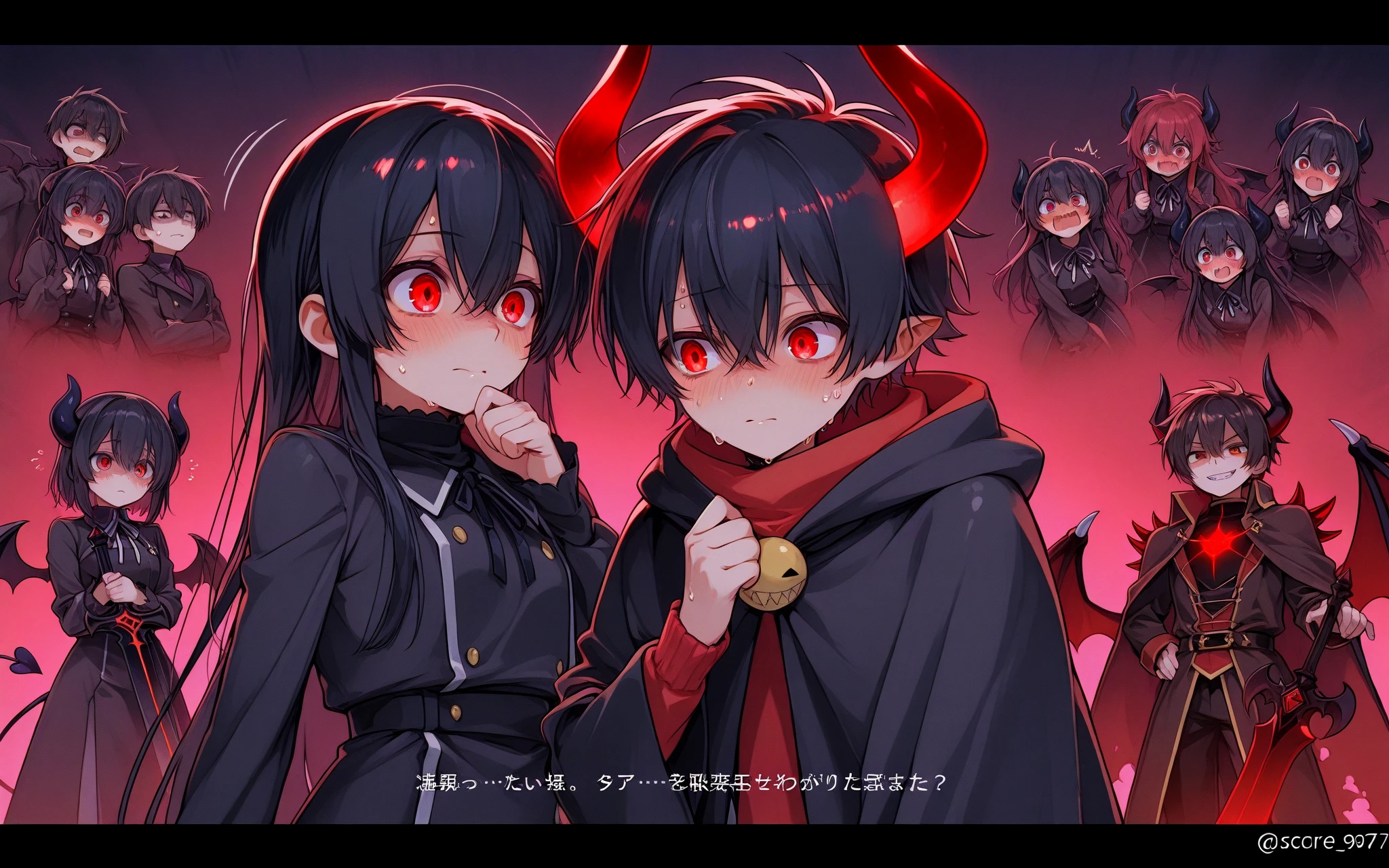 is a demon boy,, the main colors are from red to scarlet.
Preferably large wings and horns, sharp teeth and eyes with narrow pupils, a hoodie with a zipper and ordinary black pants. A long demonic tail.