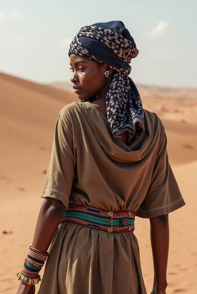 Amira, 1girl, solo, ((Sudanese woman)), consistent face and body, ((MILF)), ((30 years old)), (mature), ((slim)), ((Sudanese face)), (Sudanese nose), (Sudanese lips), short hair, upper body and upper legs, (background: Sahara Desert), BREAK, (wearing stylish dessert clothes)