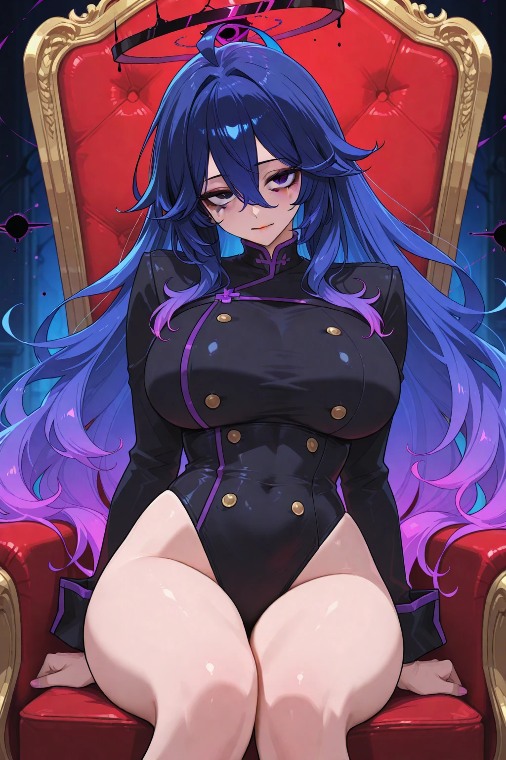 Hex Maniac \(Pokemon\), Hex Maniac from Pokémon, dark purple forest background, Pokémon anime style, Pokémon art style, sitting on overgrown bench, big breasts, big ass, wide hips, eyes in shade, sharp stare at viewer, intense grin, waist long sweater,