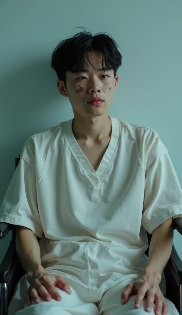 23-year-old Asian man, internado com aparelhos, deitado na cama do hospital.