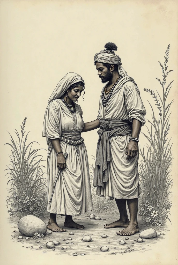 Two Punjabi people of old Indian Empire, coming towards in baren land in background , taking ash pot of their emporer , pot is small , in pencil sketch format, pot is holded by one man from base of pot ,both faces seems sad ,and their pugdi is perfectly Punjabi and dressing also, those peoples scale in size is little bit low rather than background land
