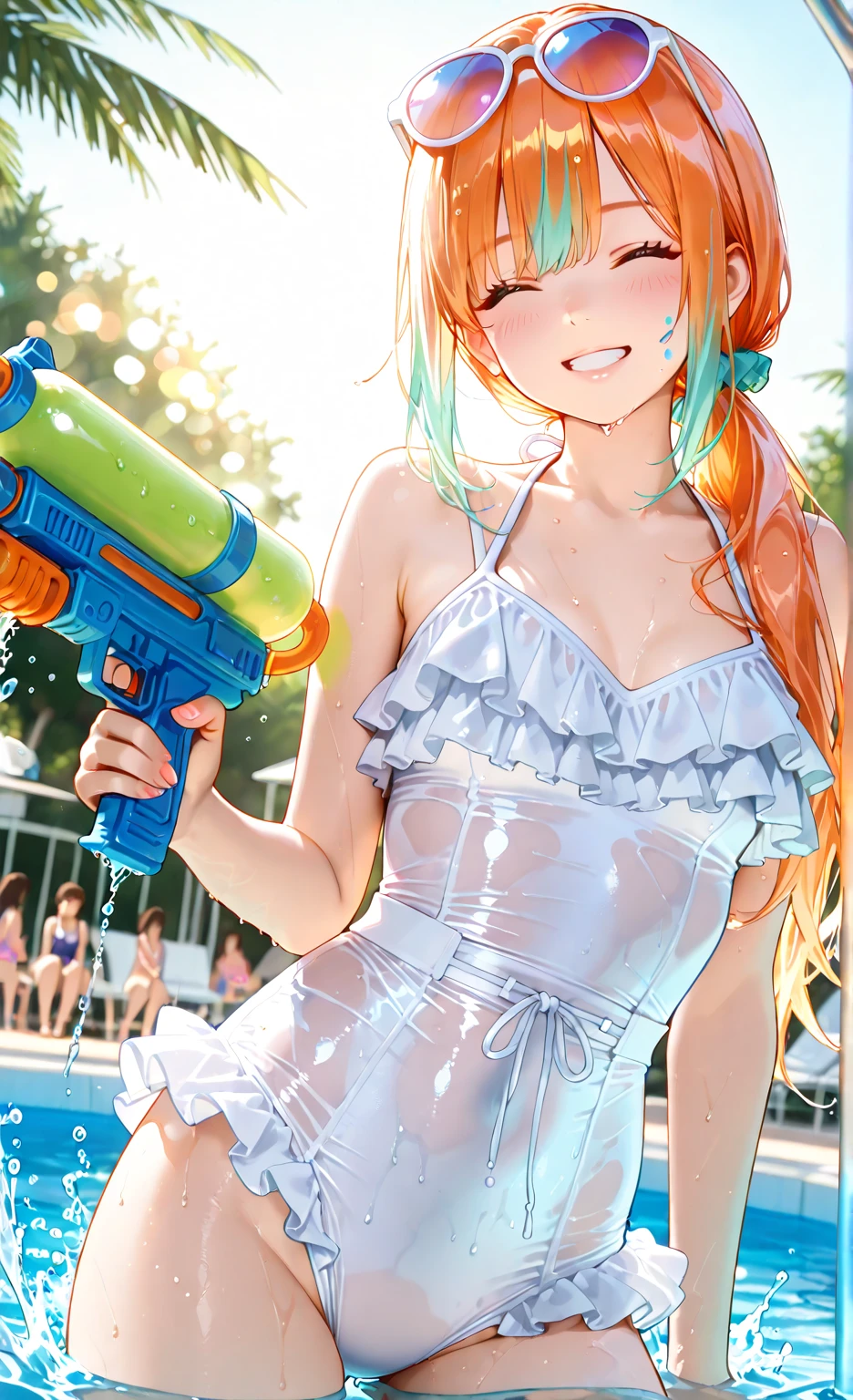 masterpiece, best quality, anime screencap, <lora:tsuchimiya:1> tsuchimiya, competition swimsuit, 1girl, solo, looking at viewer, medium breasts, popsicle, popsicle in mouth, holding popsicle, sexually suggestive, suggestive fluid, outdoors,