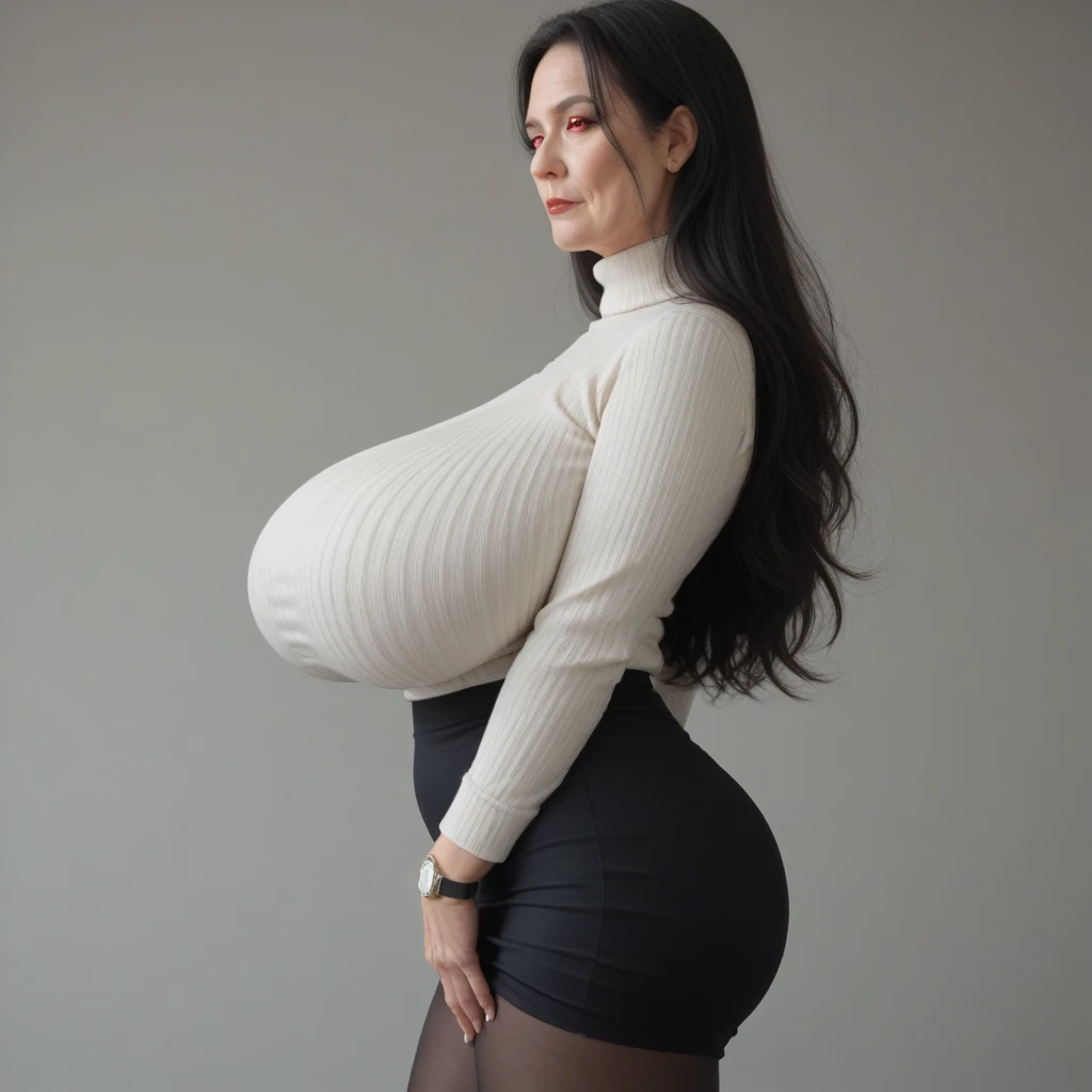2 heads,Photo of a 50 year old woman with brown hair, captivating gaze, brown eyes, wrinkles on her face, black pantyhose,black high heel boots,she wears very sexy lingerie underwear、、reveals her big saggy breasts, light makeup and red lips. 32K