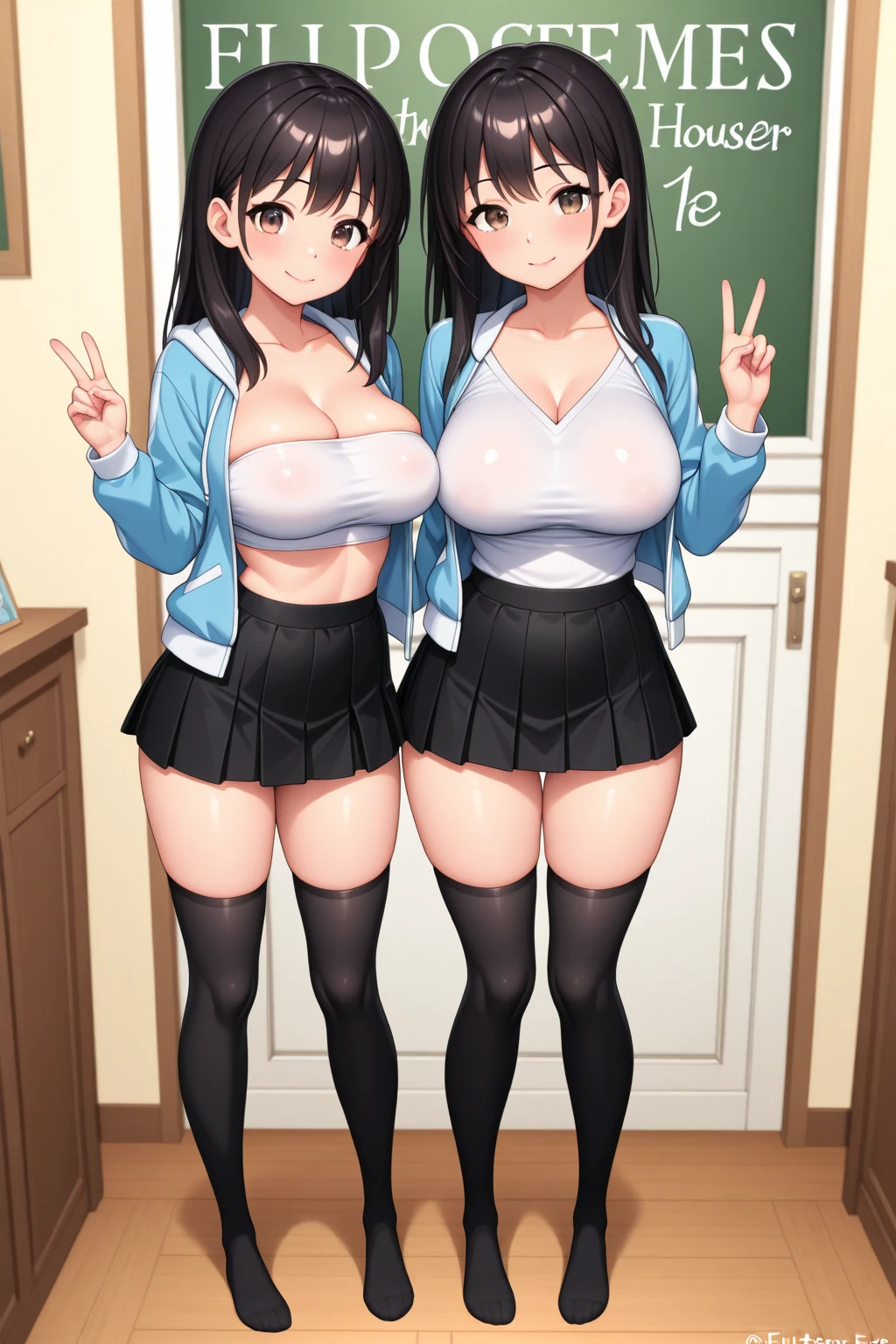 Highest quality,masterpiece,Nipples,pubic hair,Pussy,Sisters,classroom,Compare the bodies,Black Hair