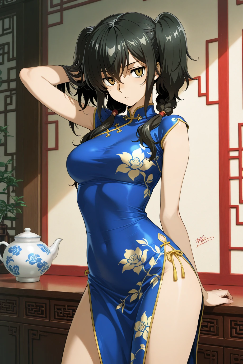 Masterpiece, best quality,Solo, cowboy shot,Sonoda umi love live, Chinese dress, flowers printed, day,golden eyes,(blushing:1.2),high side slit , thighs , restaurant , from side , leaning over table