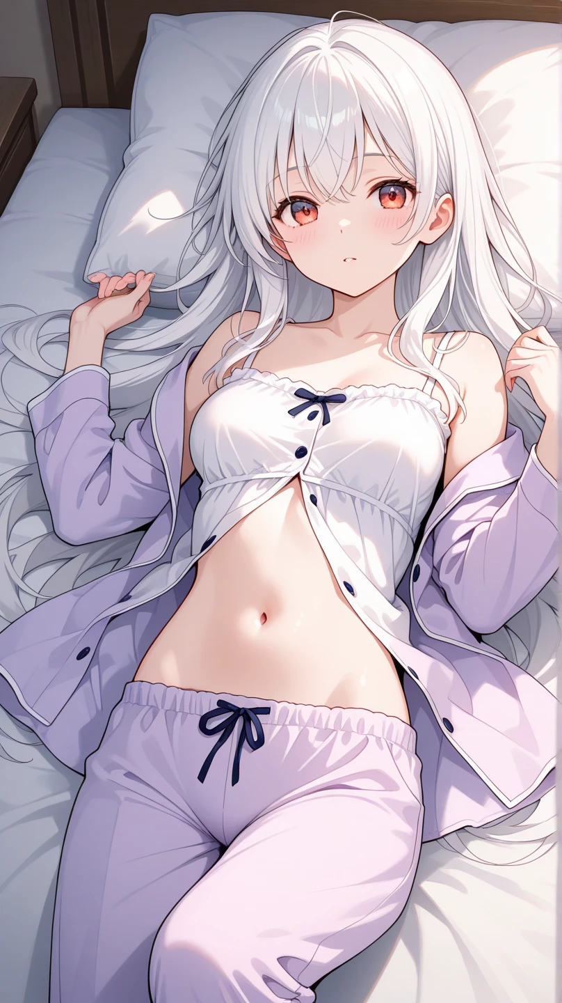 1girl, solo, full length, long hair, medium breasts, looking at viewer, bangs, heterochromia, blue eyes, red eyes, blush, lying, nudes, open legs, cleavage, brassiere, bra, bare shoulders, underpants, indoors, on the bed, white bra, white underpants, blush, open belly,  closed mouth, open navel, open neck, heterochromia, open neck, open legs,