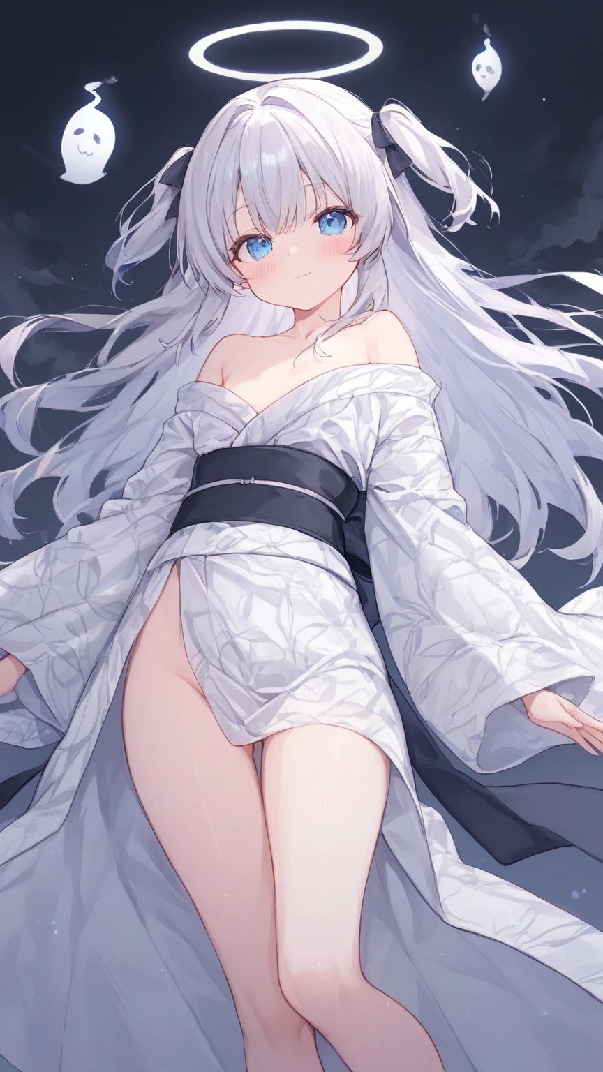 Anime style, albine nude woman naked, white hair, blue eyes, elf ears, red lips,perfect smal nudé breasts, shaved pussy, walking forest, pale albine body