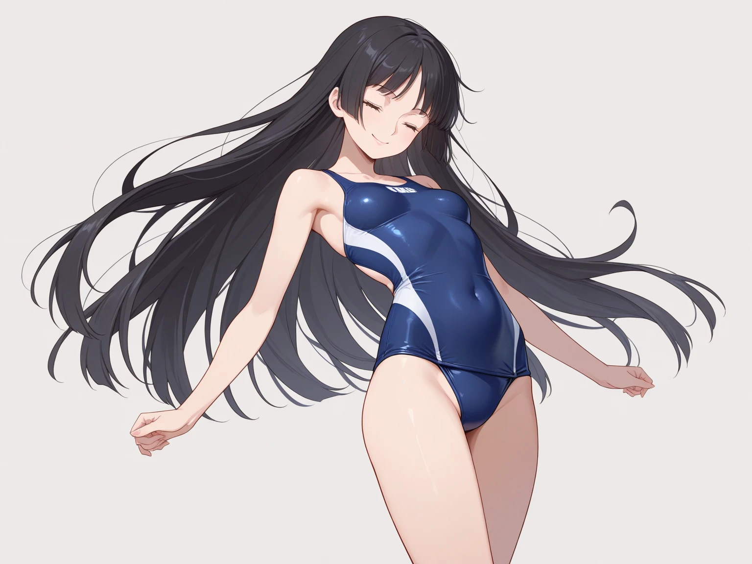 1 girl, cute girl, pretty face, bitter smile, 12 years old, Beautiful black long hair, beautiful eyes, flat chest, small build, short torso, Small buttocks, No muscles, white skin, White leotard, see-through, indoor stadium, rhythmic sports gymnastics, to many pose,